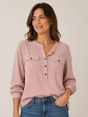LOFT Dusty Pink Button-Front Utility Blouse / Button Front Pocket Shirt Medium